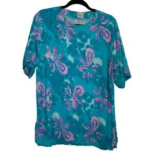 Vance Vintage Batik Floral Top Womens XL Turquoise Purple Short Sleeve